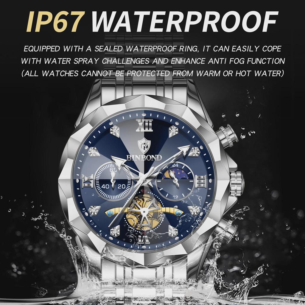 BINBOND Luxury Men Watch Top Original Waterproof Luminous Chronograph Man Wristwatch Stainless Steel Quartz Watches
