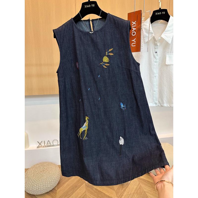 Women s Sleeveless Embroidered Denim Dress - Youthful College Style for Summer 2025 XL джинсовый синий