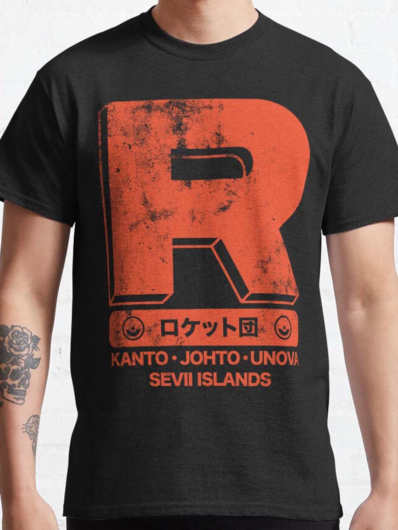 

Team Rocket Training Corp Men s Classic T-Shirt Black with Distressed Orange R Logo Japanese Text Regular Fit Round Neck Tee S