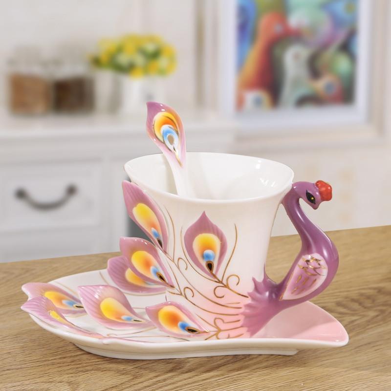 200ML porcelana kostna 3D kolor emalia zwierząt filiżanka kawy ze spodkiem i łyżką ceramiczne popołudniowe filiżanki Drinwkare