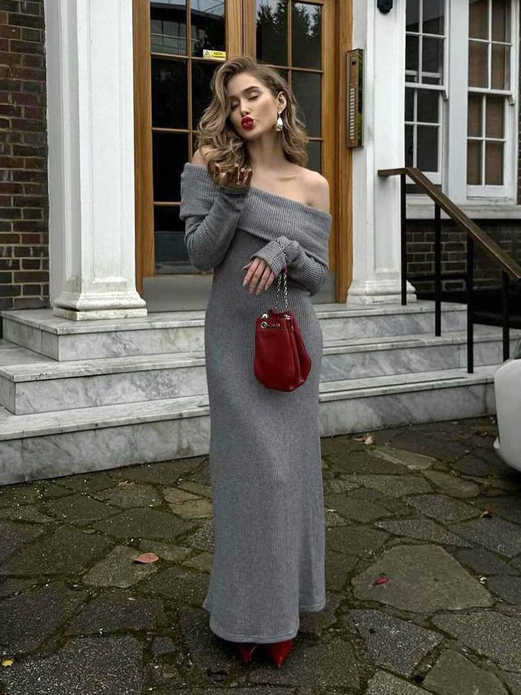 

EDOLYNSA 2024 сексуальные пляжные накидки трикотажные однобортные без бретелек с длинным рукавом осеннее макси-платье премиум-класса знаменитые женские наряды купальник накидка туника L серый