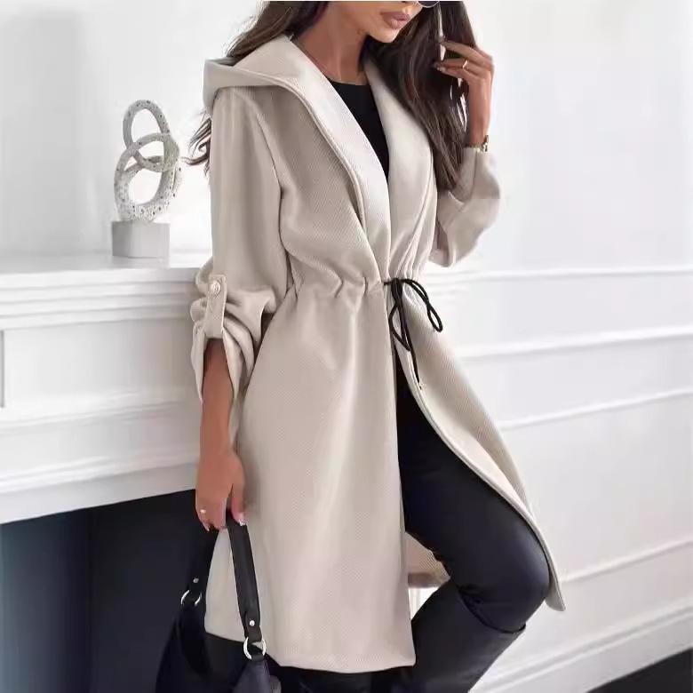 Cappotto con Cappuccio e Revers da Donna Europeo e Americano con Spalline 2026 - Stile Casual Autunno/Inverno a Manica Lunga