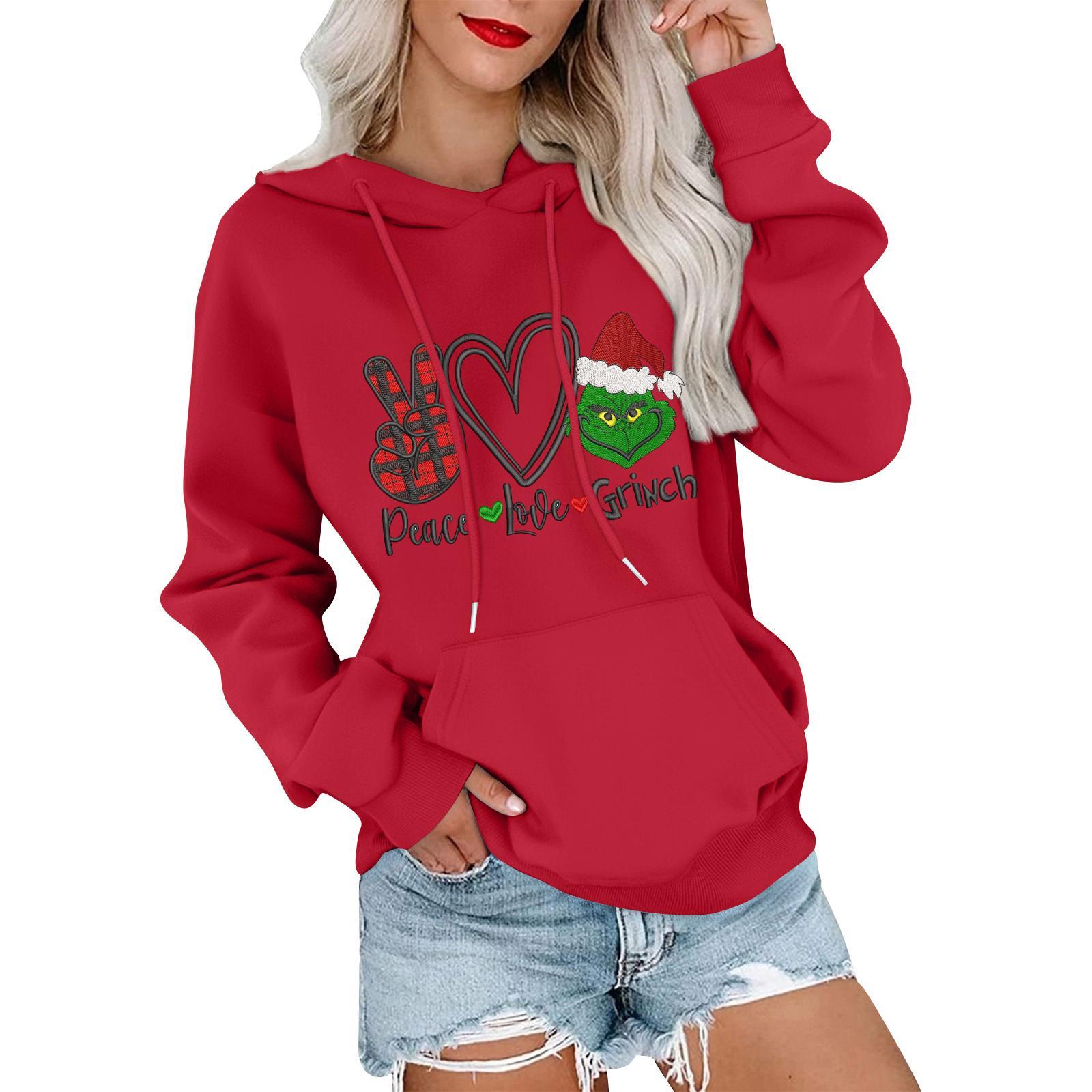 

Женский модный, расслабленный и удобный свитер с круглым вырезом и капюшоном, с длинными рукавами и рождественским принтом, теплый свитер XL красный