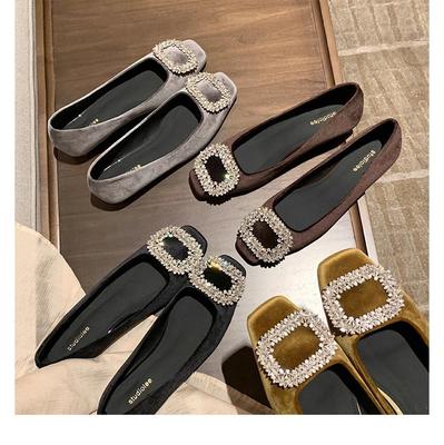 Sheepskin~ Grape Mom Noble Velvet Rhinestone Square Buckle Shallow Mouth Low Heel Single Shoes Women's Commuting Versatile Flat Bottom Banquet Shoes