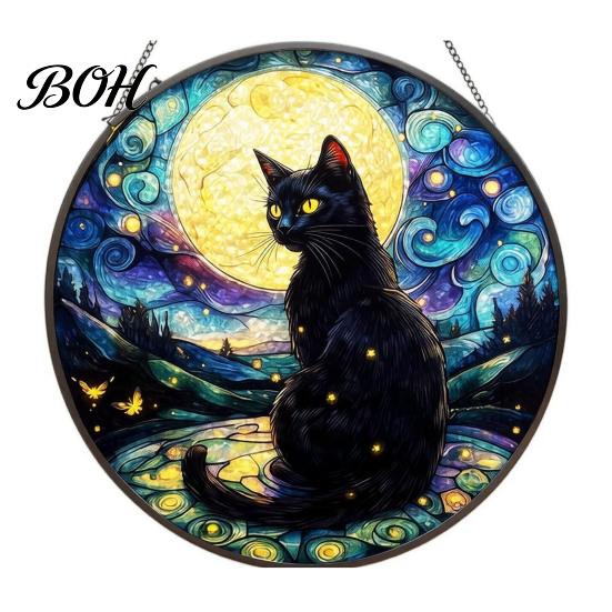 Witchcraft Aesthetic Room Decor Halloween Moon Black Cat Suncatcher Jigsaw Puzzle, 2D Acrylic Mystical Feline Window Hanging Decor, 7.87 Inch