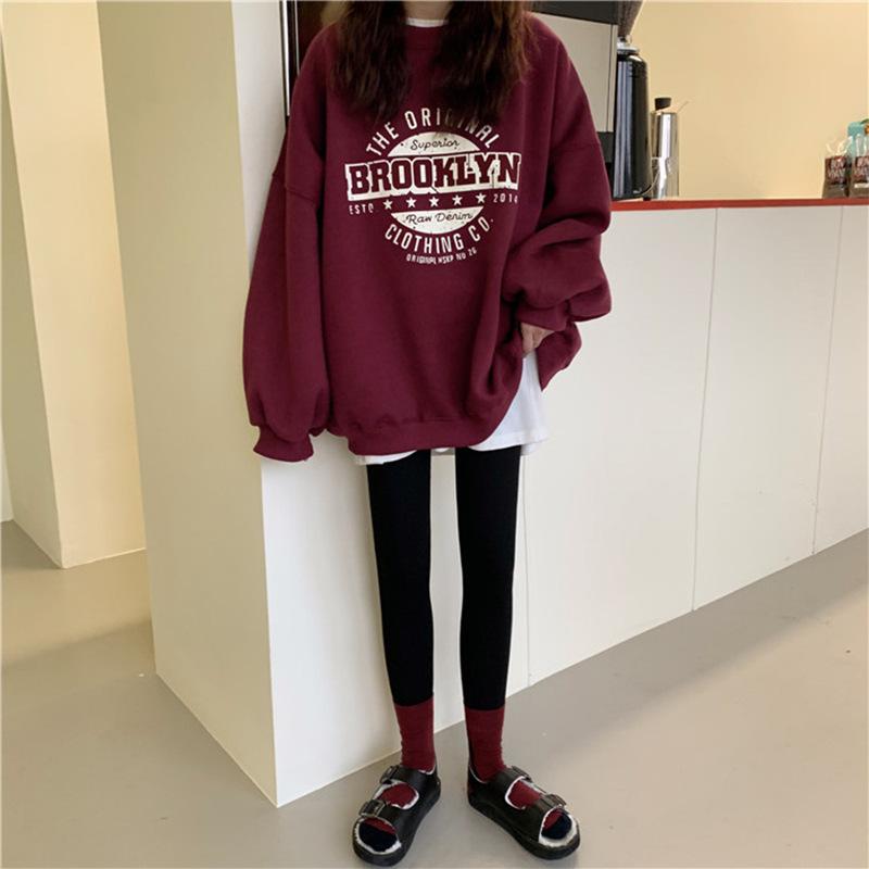 Womens Autumn Korean Letter Print Round Neck Loose Women Hoodie Top