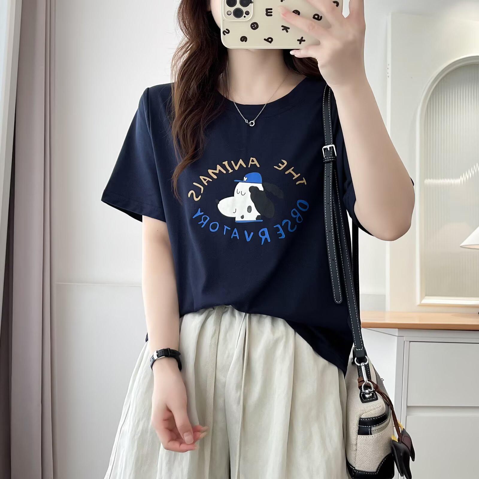 

2025 Plus Size Slimming Cotton T-shirt, Short Sleeve, Versatile Print for Fashionable Girls 4XL темно-синий