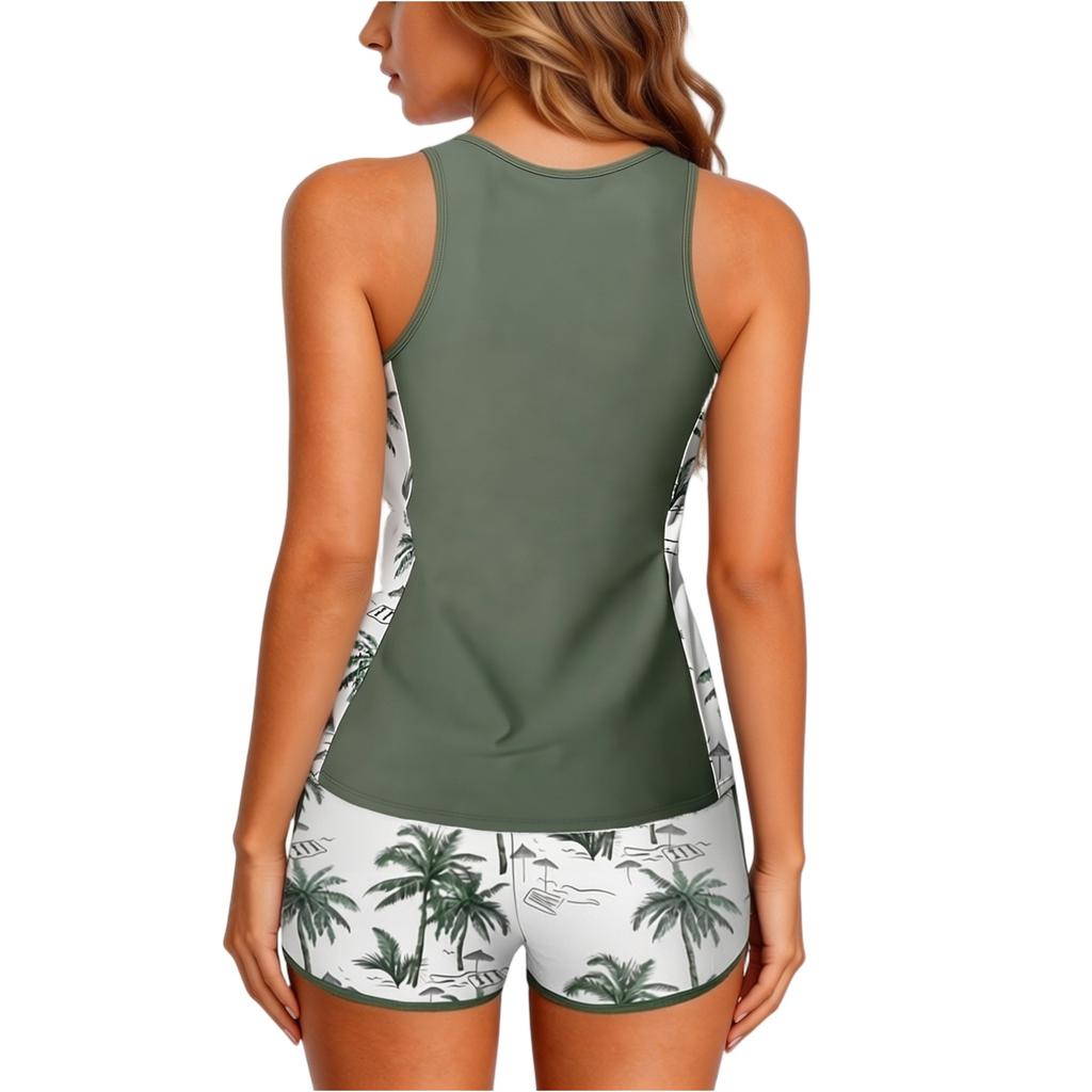Women Two Piece Athletic Swimsuit Tank Top and Boyshorts Set with Printed Design Soft Fabric Quick Drying Swimwear for Outdoor Activities