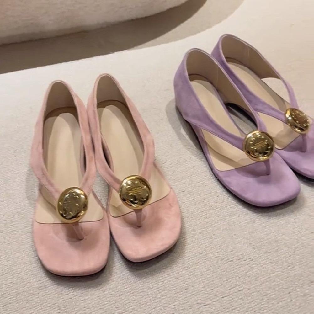 Fashion Inside Heightened Fashion Metal Round Buckle Clip-toe Sandals Women's Summer New Soft-soled Herringbone Sandals and Slippers