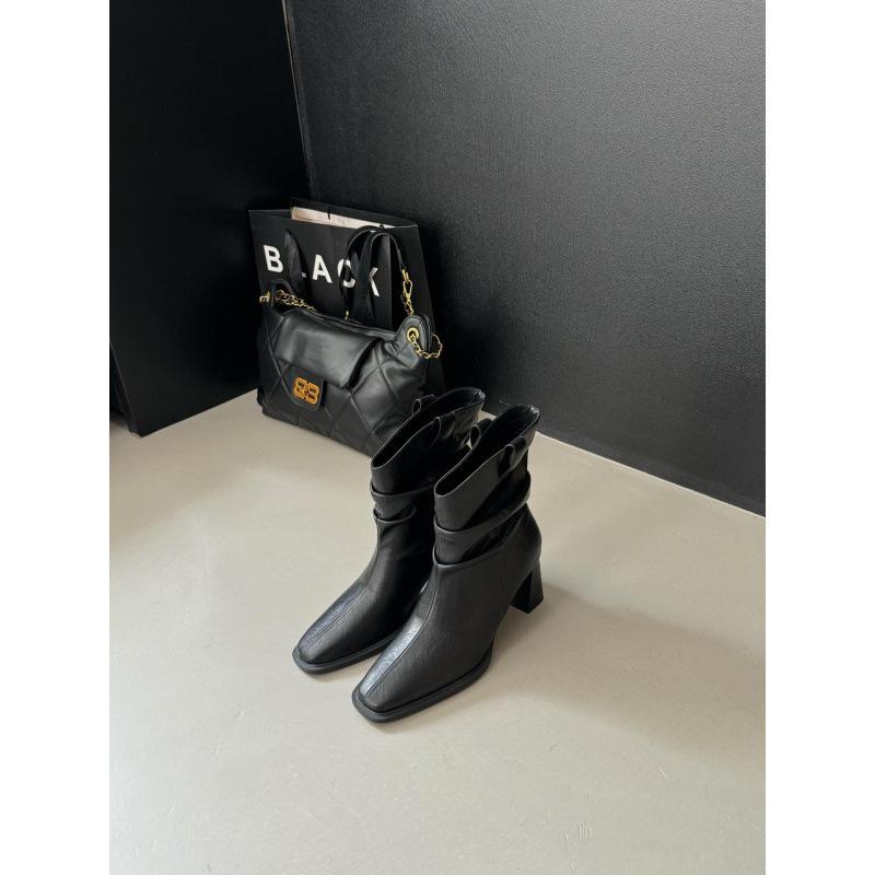 Retro British style shows western cowboy boots 2025 spring and autumn new thick-heeled short boots women's soft leather high-heeled stacking boots
