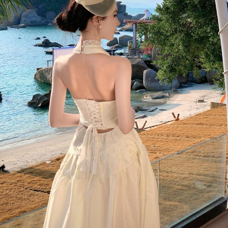 French Seaside Vacation Neck Apricot Dress Socialite Temperament Elegant Backless Strap Birthday Party Dress