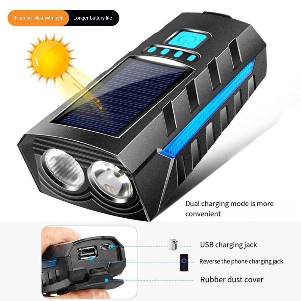 Solar Bike Front Light USB Rechargeable MTB Road Bike Front Lamp Power Display High Beam Bicycle Flashlight Bicycle Accessories