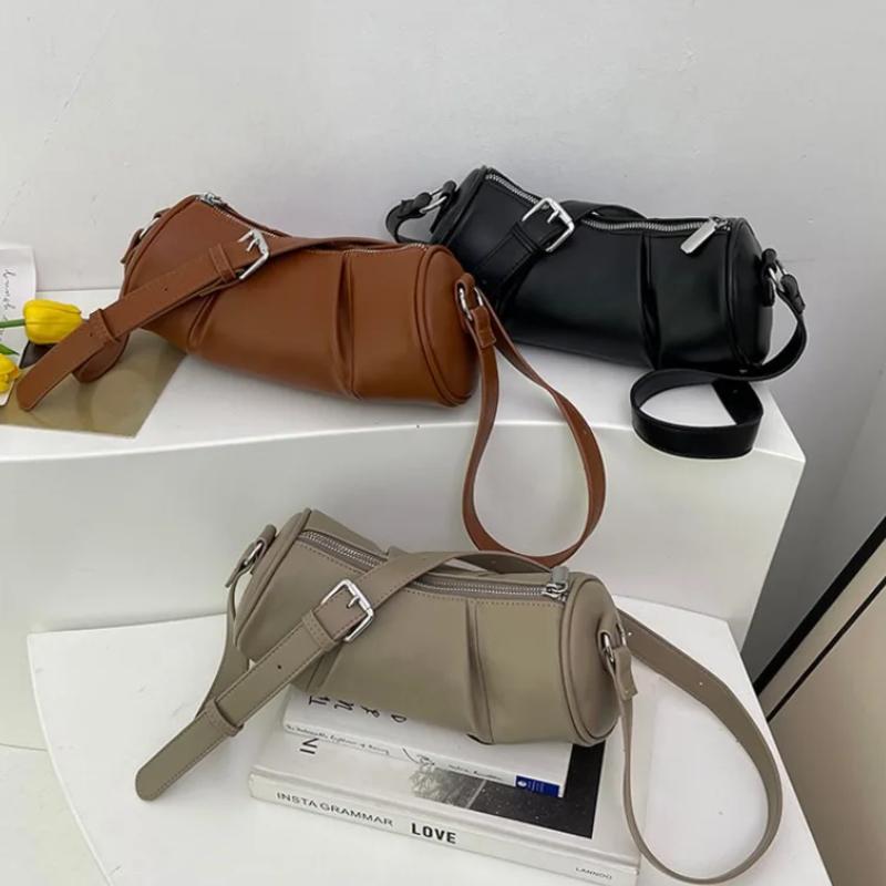 Retro cylindrical shoulder bag for women  crossbody bag  versatile cushion  solid color  high quality  niche  casual  new