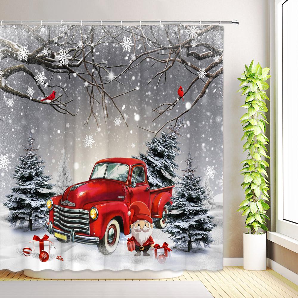 Winter Christmas Snowman Shower Curtains Snowflake Xmas Reindeer Nature Forest Snowy Scenery Farmhouse Bathroom Decor with Hooks