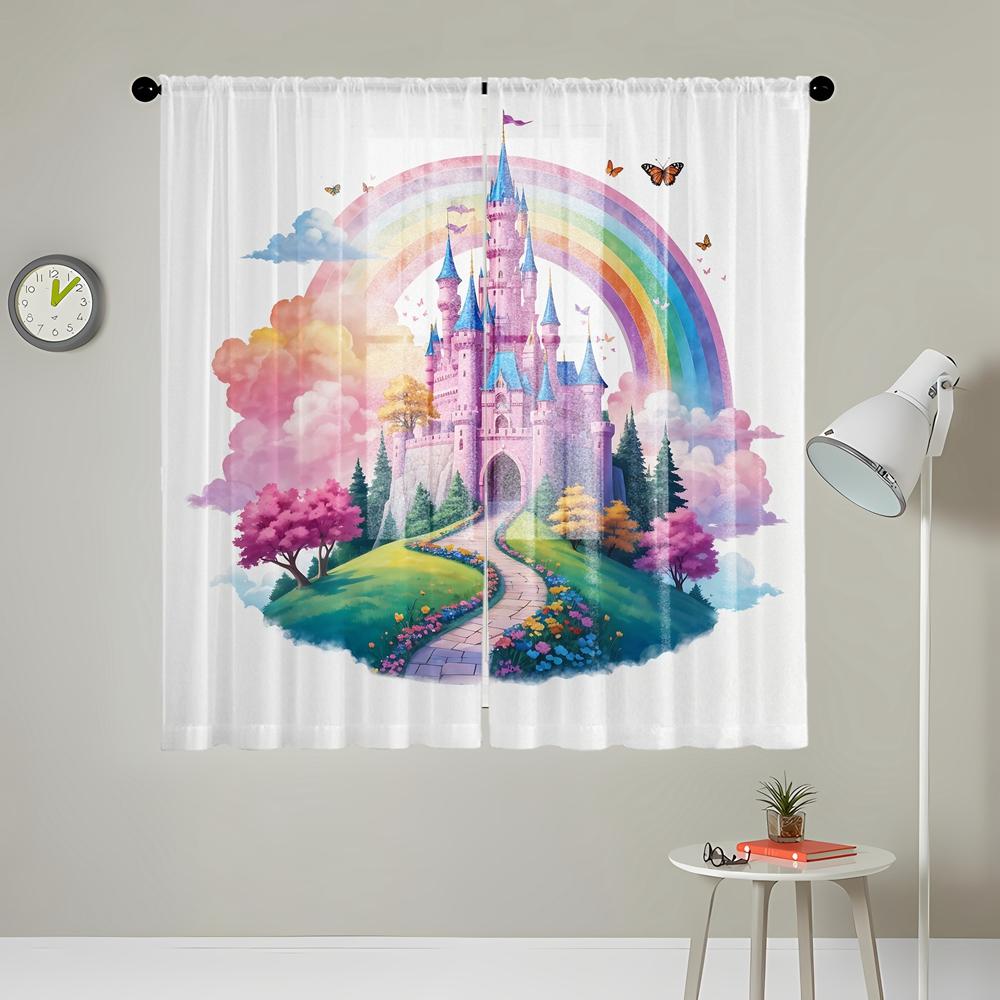 2 Pieces HD Digital Pink Princess Rainbow Castle Printed Window Valance Home Decorating Style Decoration Living Room Bedroom Rod