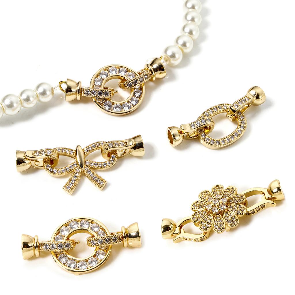 1pc Brass Fold Over Clasps Bowknot Flower 18K Gold Plated Clear Cubic Zirconia Women Fashion Jewelry Findings