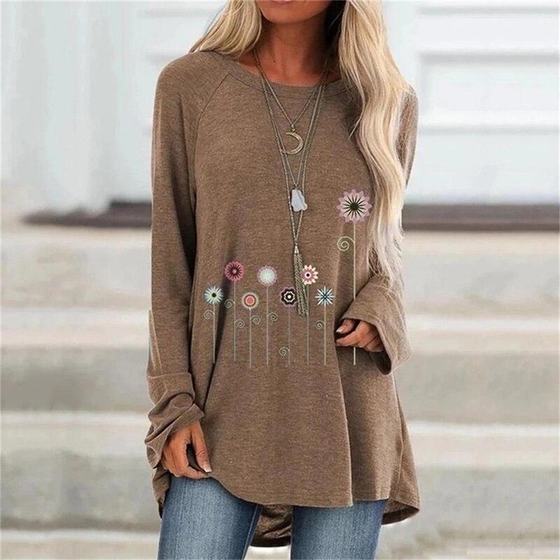 Ladies Flowers Printed Round Neck Long Sleeves Plus Size Cotton Tunic Loose T-Shirt Summer New Casual Fashion Women Clothing
