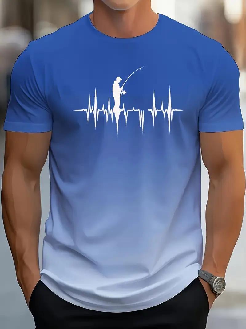 Men s Casual Gradient Fishing Pattern 3D Printed Short Sleeved T-shirt, Summer Breathable Sports Outdoor Fishing Enthusiast Tops 2XS