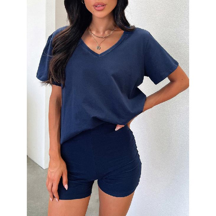 Short Sleeved Spring And Summer New V-Neck Casual Daily Temperament Solid Color Fashion Suit For Women