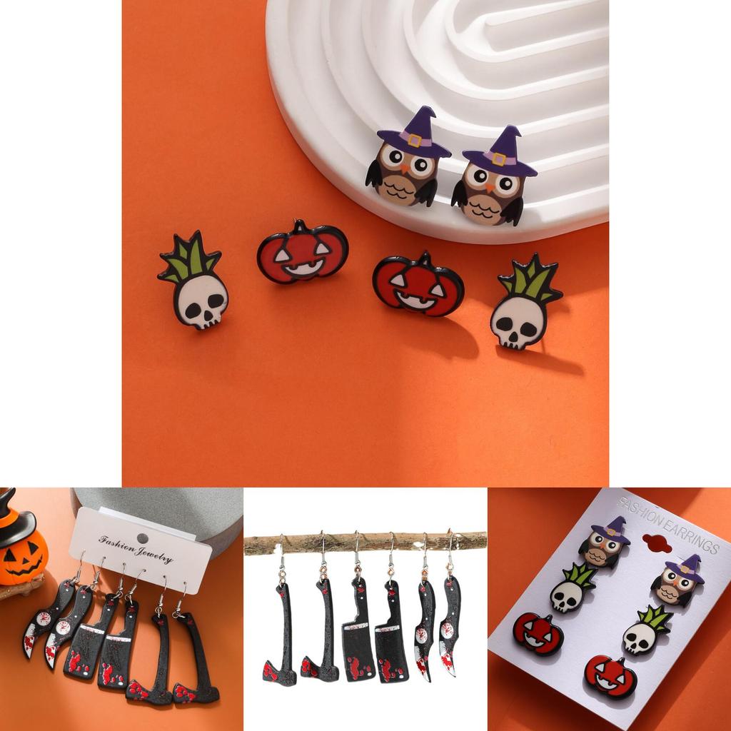 Unique Halloween Acrylic Earrings With Cartoon Skulls And Pumpkins