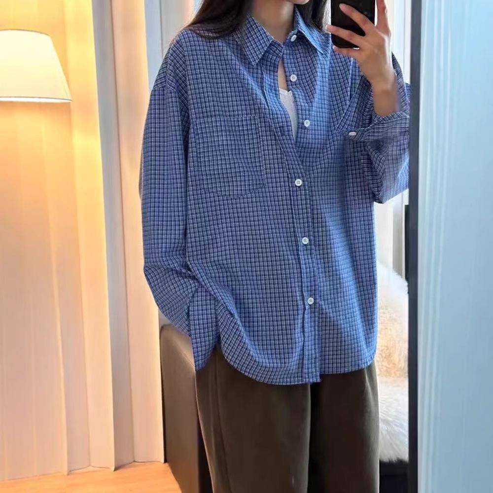 

Весна 2025 Женская рубашка в голубую клетку в корейском стиле, свободного кроя, с длинным рукавом, в повседневном стиле XXL синий