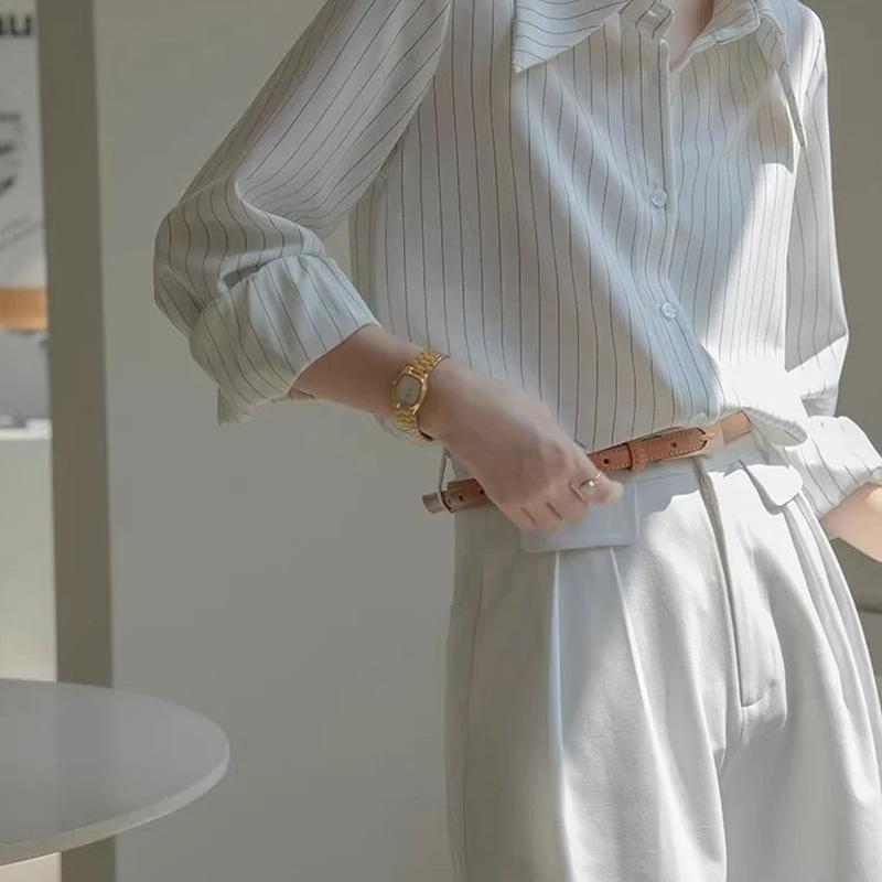 Stripe Women White Shirts Korean Elegant Loose Long Sleeve Female Blouse Autumn New Turn Down Collar Office Ladies Casual Tops