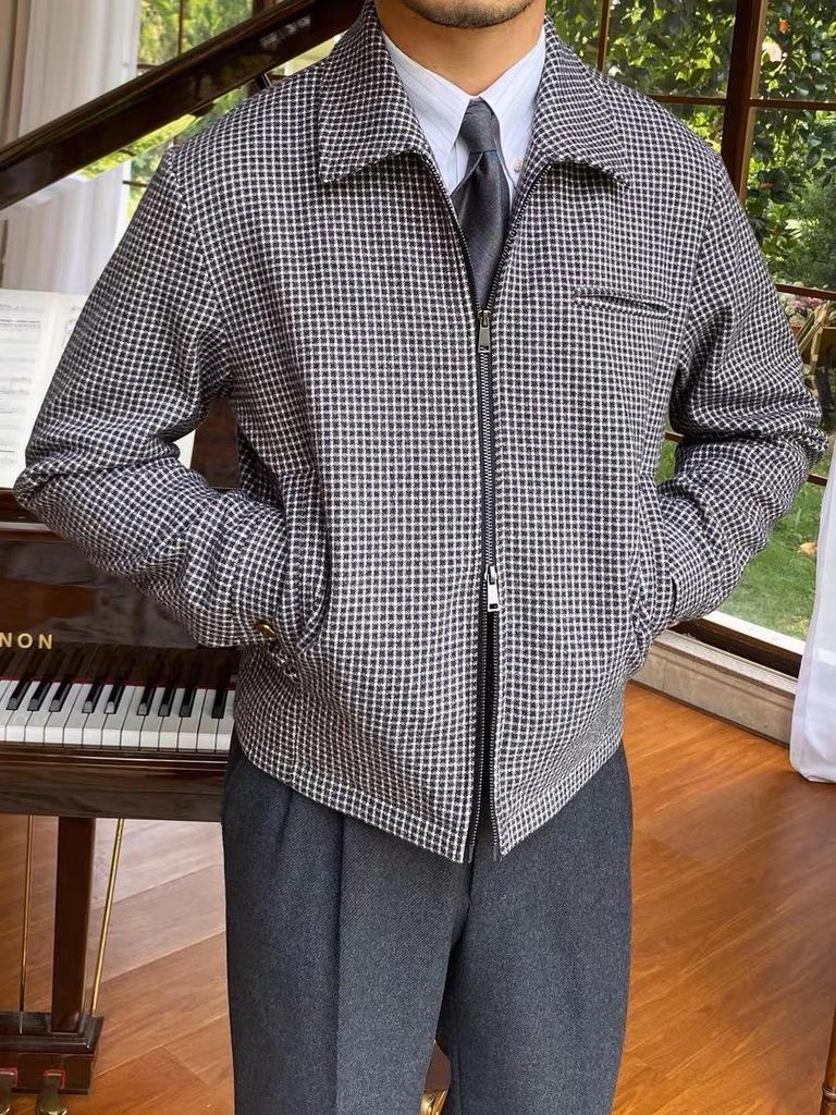 Men's Retro Houndstooth Zipper Jacket - Autumn/Winter Casual Waist-Cinching Lapel Design