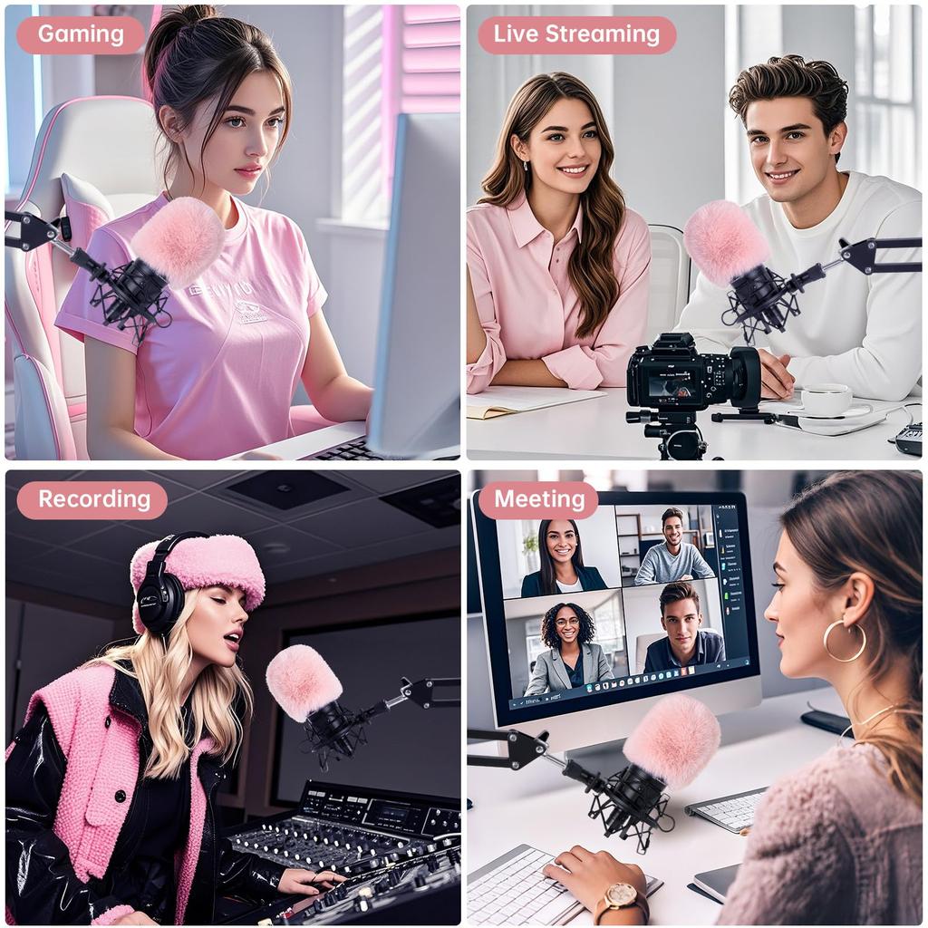 PhantAccy Pop Filter Wind Screen for Audio-Technica AT-2020 AT-2035 AT-2040 AT-2050 ATR2500 ATR2500X AT-4040 Microphones Pink Fur Noise Reduction