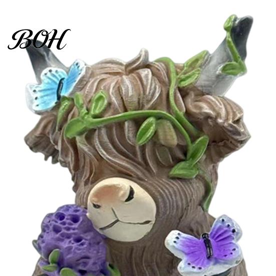 Whimsical Courtyard Sculptures Lavender Highland Cow Resin Figurine, Cute Fluffy with Butterfly Bow & Floral Wreath, Animal Figurines Pastel