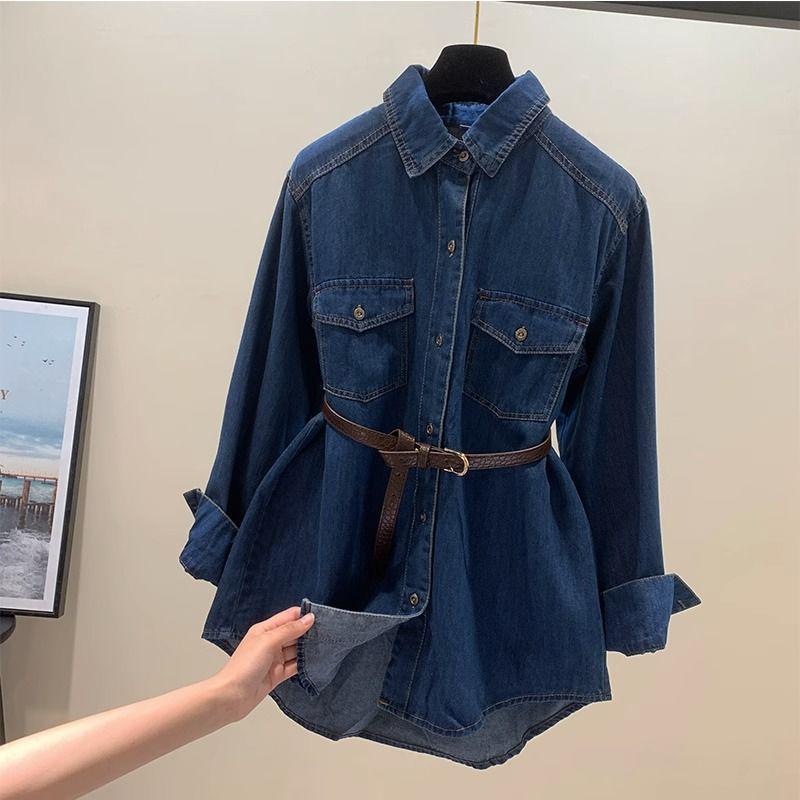 Damen Retro Hong Kong Stil Jeanshemdjacke mit gerafften Ärmeln