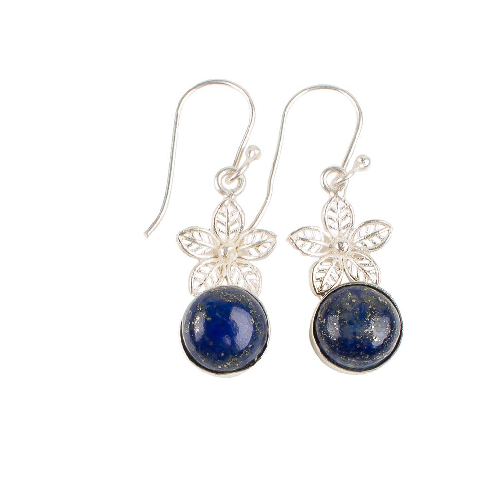 Natural Lapis Lazuli Gemstone 925 Sterling Silver Handcrafted Elegant Drop Earrings 1.50" Partywear Jewelry For Women EE-54-35