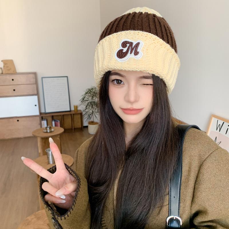 Autumn and winter double-spell wool hat, piled and thickened labeling, cute air-cooled hat, outdoor cold-proof and warm personalized knitted hat