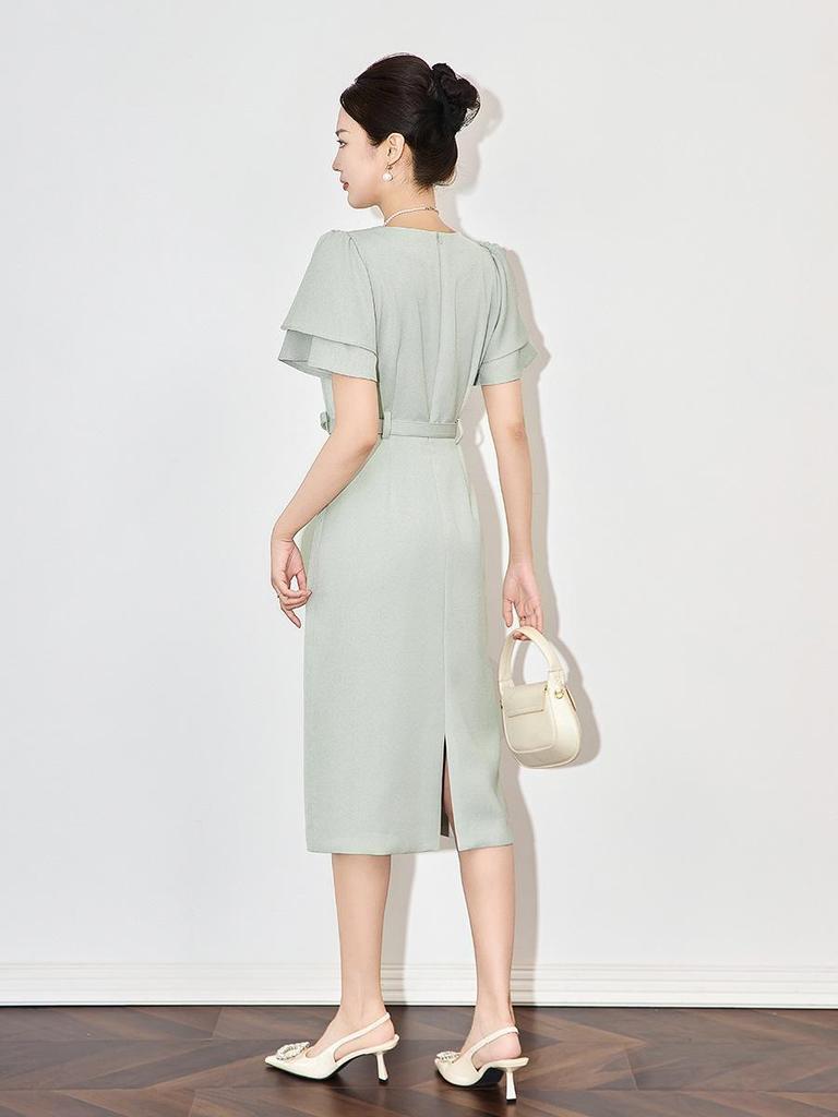French-Inspired Waist-Cinching Ruffle Sleeve Dress