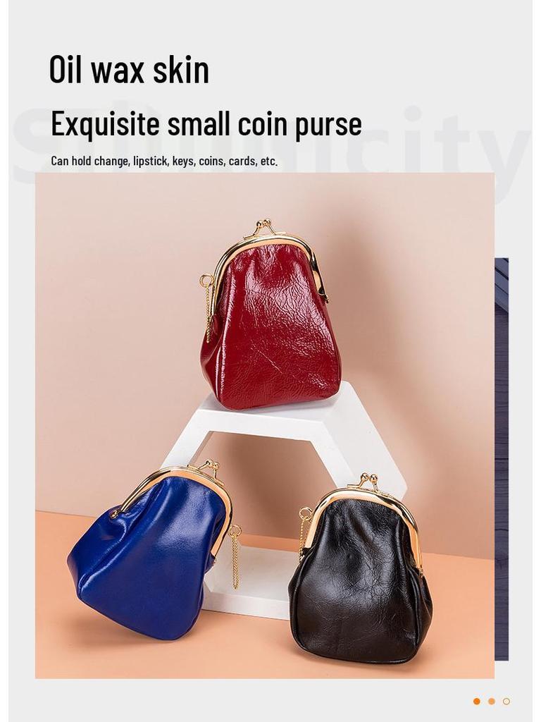 Vintage Leather Kiss Lock Coin and Card Pouch: Mini Earphone Holder Clip Bag