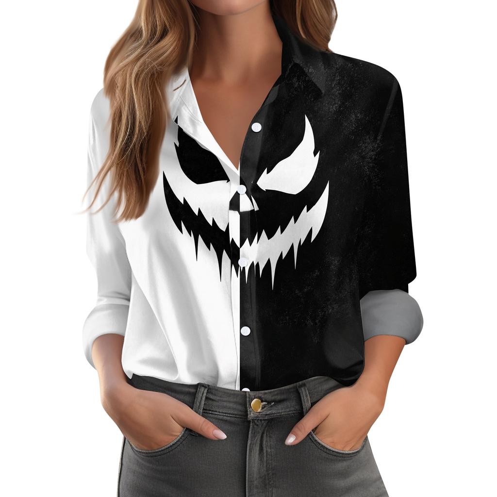 Women's Long Sleeve Button Down Shirt Casual Halloween Print Top Blouse