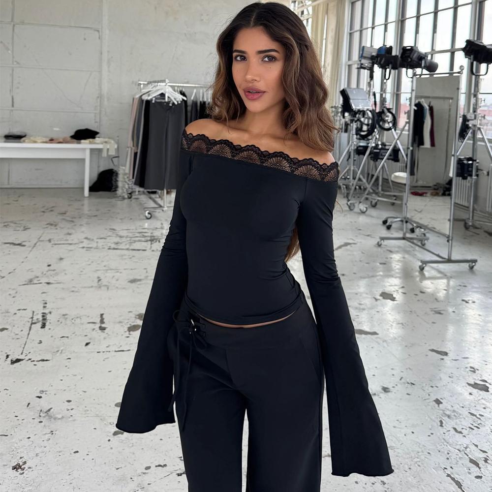 

Women s Off-The-Shoulder Blouse Lace Trim Bell Sleeve Slim-Fit Cropped T-Shirt Y2K Casual Outfits 2XL чорний