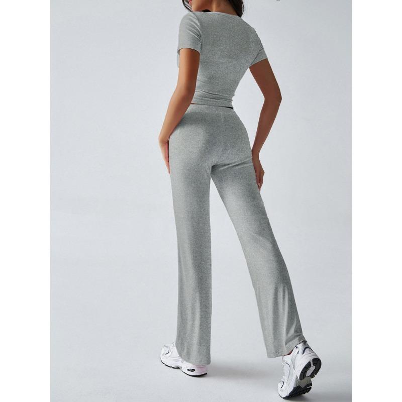 Letní dámské sportovní ležérní tričko s výstřihem do U a kalhoty s pletenými kalhotami ve stylu Y2K