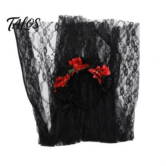 Black Lace Veil Headband Gothic Style Hair Hoop, Hollow See-Through with Simulated Flowers And Photo Accessory Veil, Halloween Day of The Dead