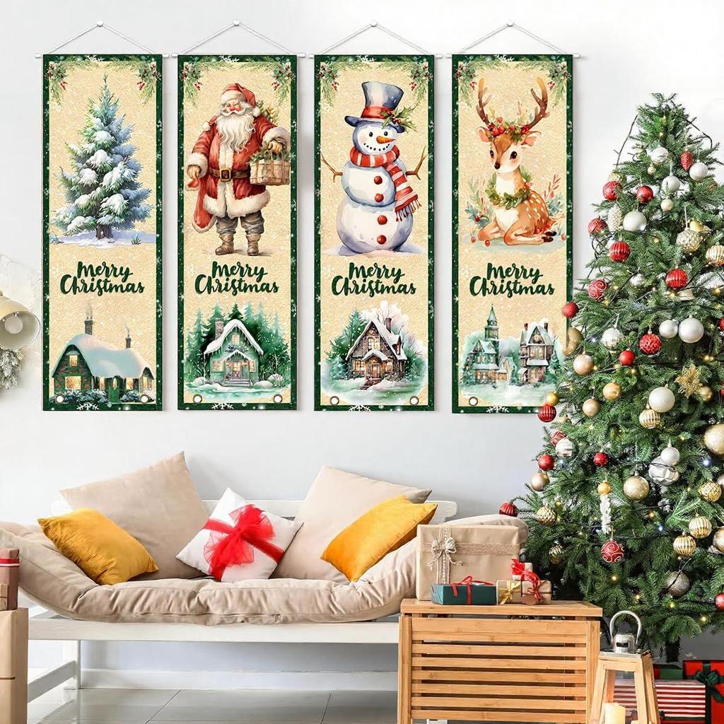 4Pcs Christmas Banners Porch Signs Decor Xmas Hanging Banner Backdrop Decorations Christmas Tree Santa Snowman Elk Hanging