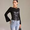 Autumn Bell Sleeve Faux Leather Patchwork Knit Top for Women