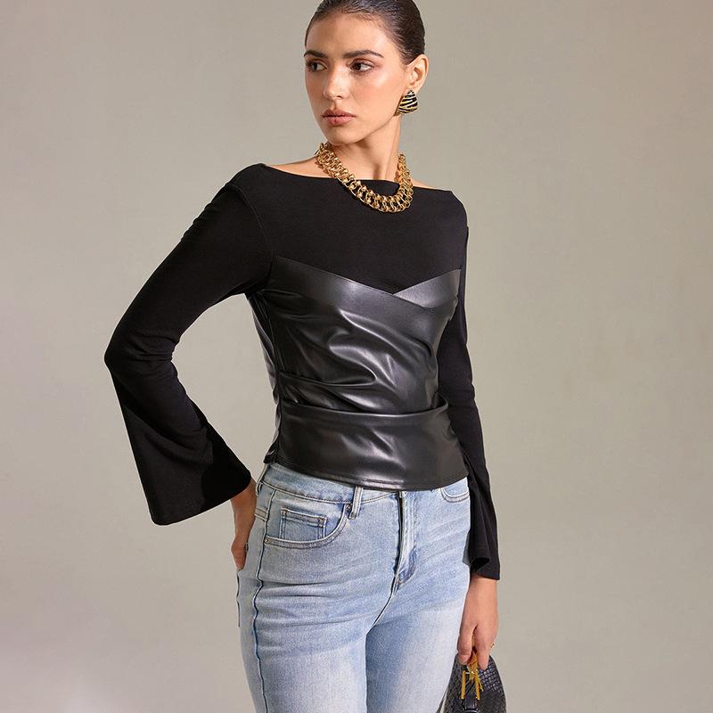 Autumn Bell Sleeve Faux Leather Patchwork Knit Top for Women