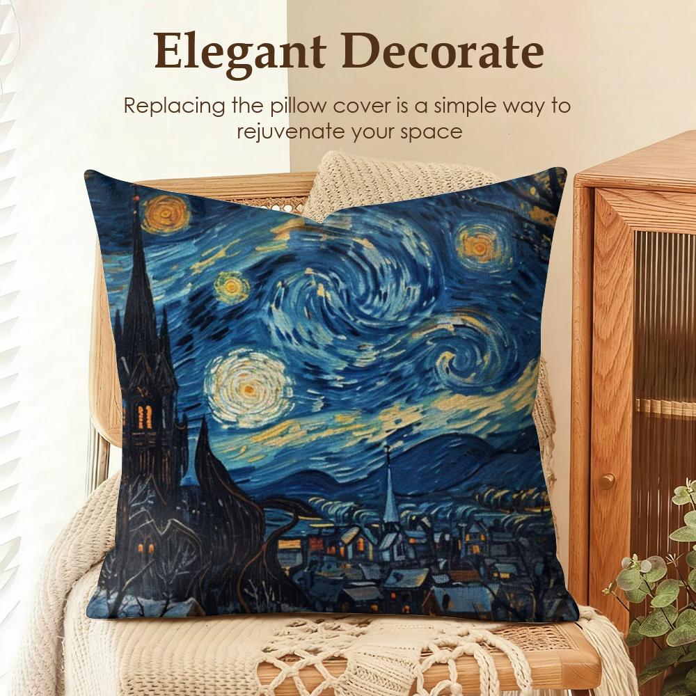 Color Van Goghs Starry Night Cushion Cover Natural Linen Organic Fabric DoubleSided Printing Sofa Home Decor Gift Pillow Case