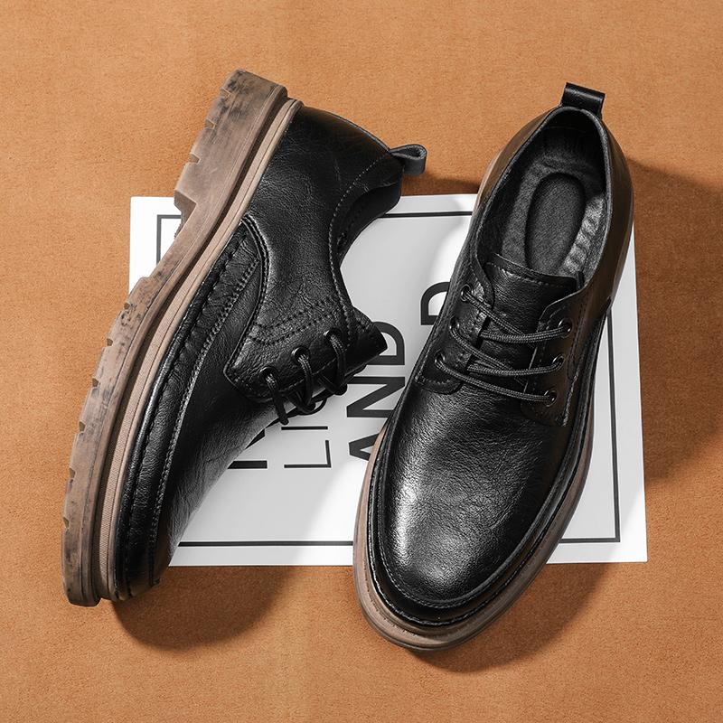Men's Shoes Autumn and Winter 2024 New Leather Shoes British Style Lace Up Shoes All-Match Thick Soled Waterproof Casual Shoes