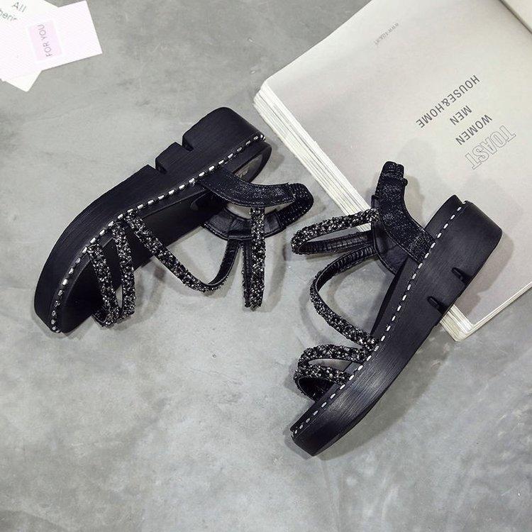 Sandals women's 2025 summer new Korean version of muffin thick-soled rhinestone versatile one-word buckle student slope heel flat-soled women's shoes