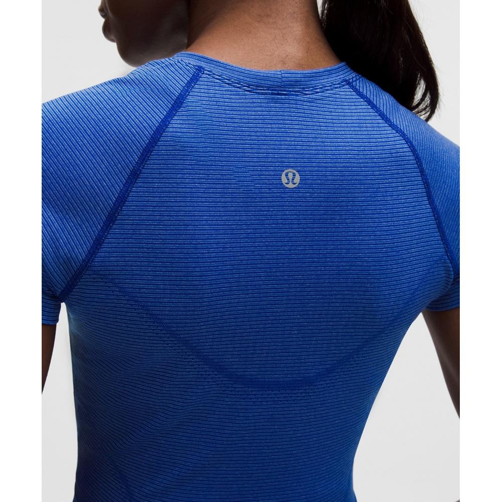 Lululemon Swiftly Tech Cropped Short Sleeve Shirt 2.0 Spandex Stripe Riverside Starch Blue