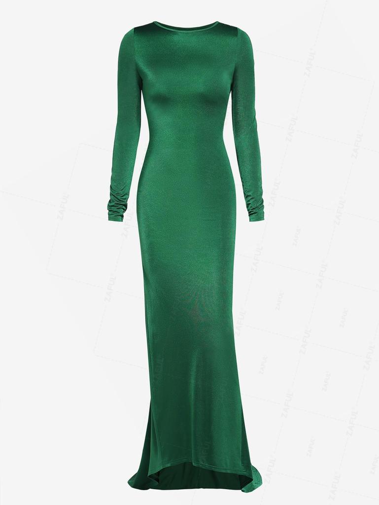 ZAFUL Women's Sexy Elegant Evening Gown Prom Solid Color Long Sleeve Ruched Open Back Mermaid Train Maxi Dress