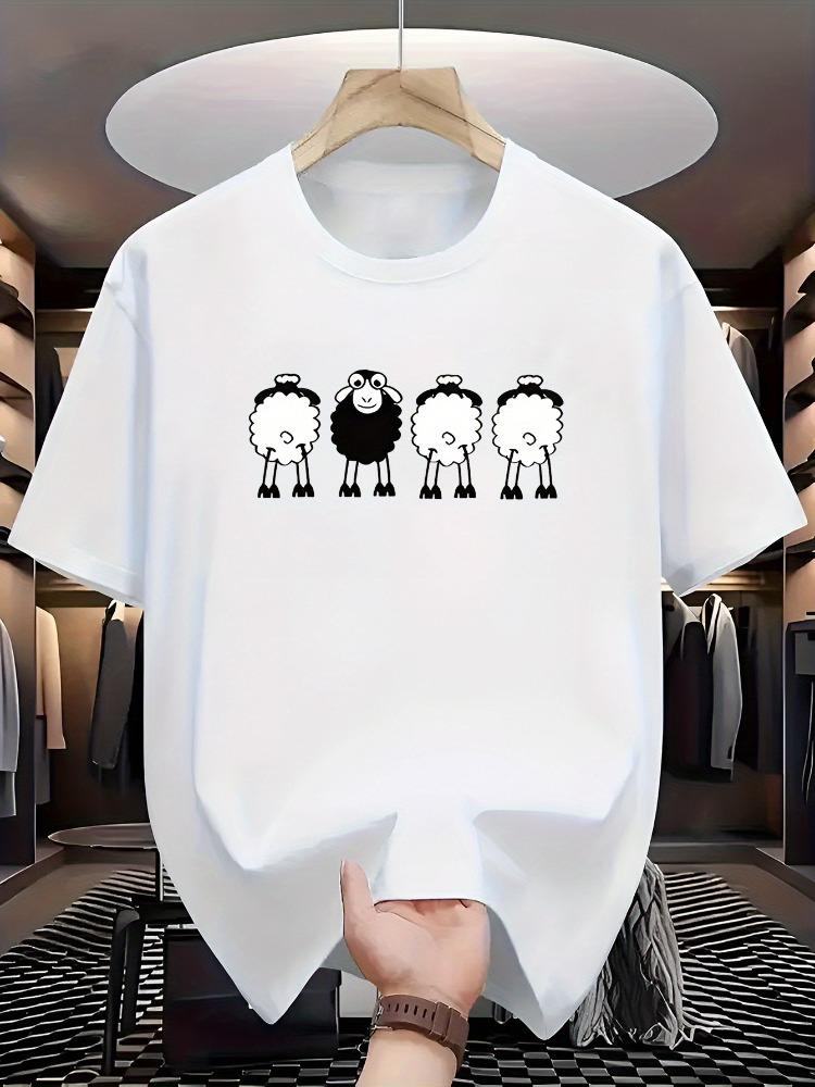 Unisex O Neck Tee Cartoon Sheep Contrast Animal Print Cotton Short Sleeve Loose Summer Breathable Daily Casual Basic Wear Top