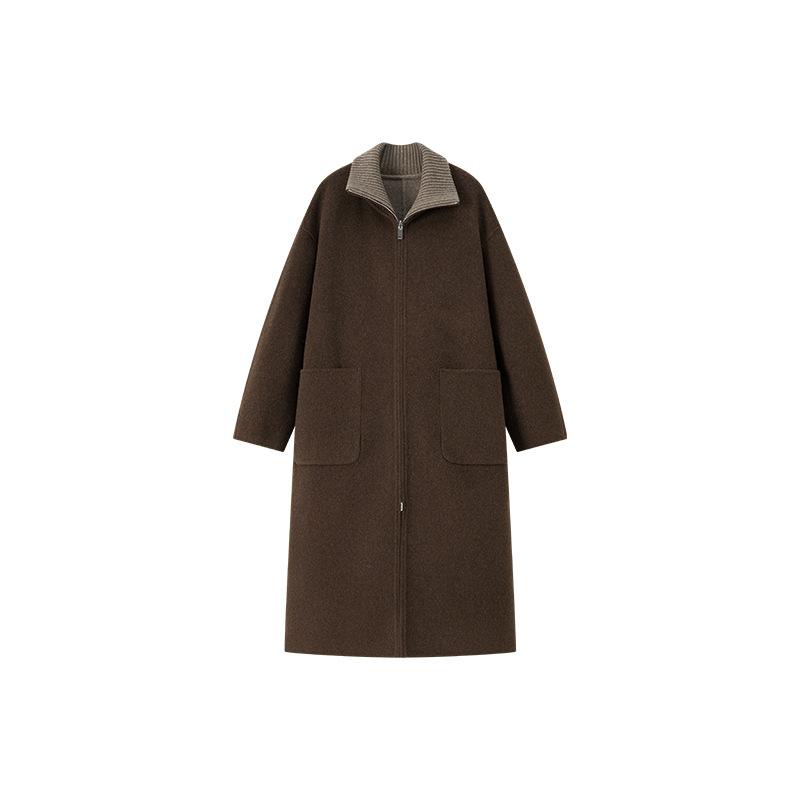 

Knitted stand-up collar splicing double-sided cashmere coat women s autumn and winter minimalist long zipper woolen coat M