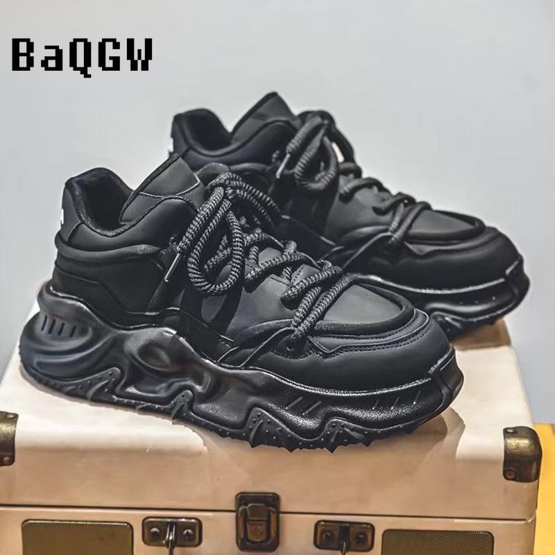 Fashion Chunky Sneakers Men Soft Sole Running Shoes Fashion Casual Leather Color Block Design Breathable Height Increased Platform Shoes
