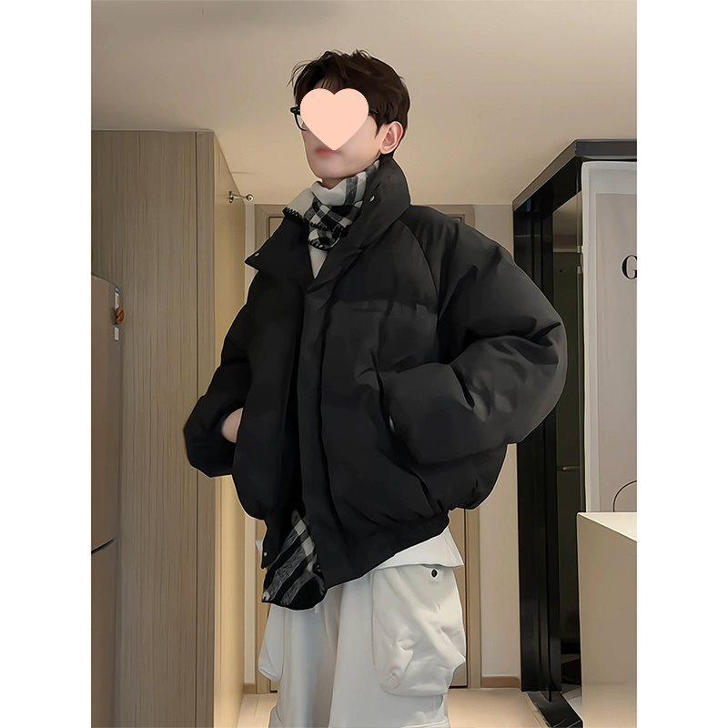 Men s Gray Faux Two-Piece PU Leather Stand Collar Winter Puffer Jacket L